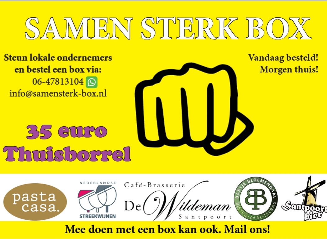 Steun met de SAMEN STERK BOX de lokale middenstand en horeca. In de box zitten allerlei producten voor een gezellige thuisborrel.